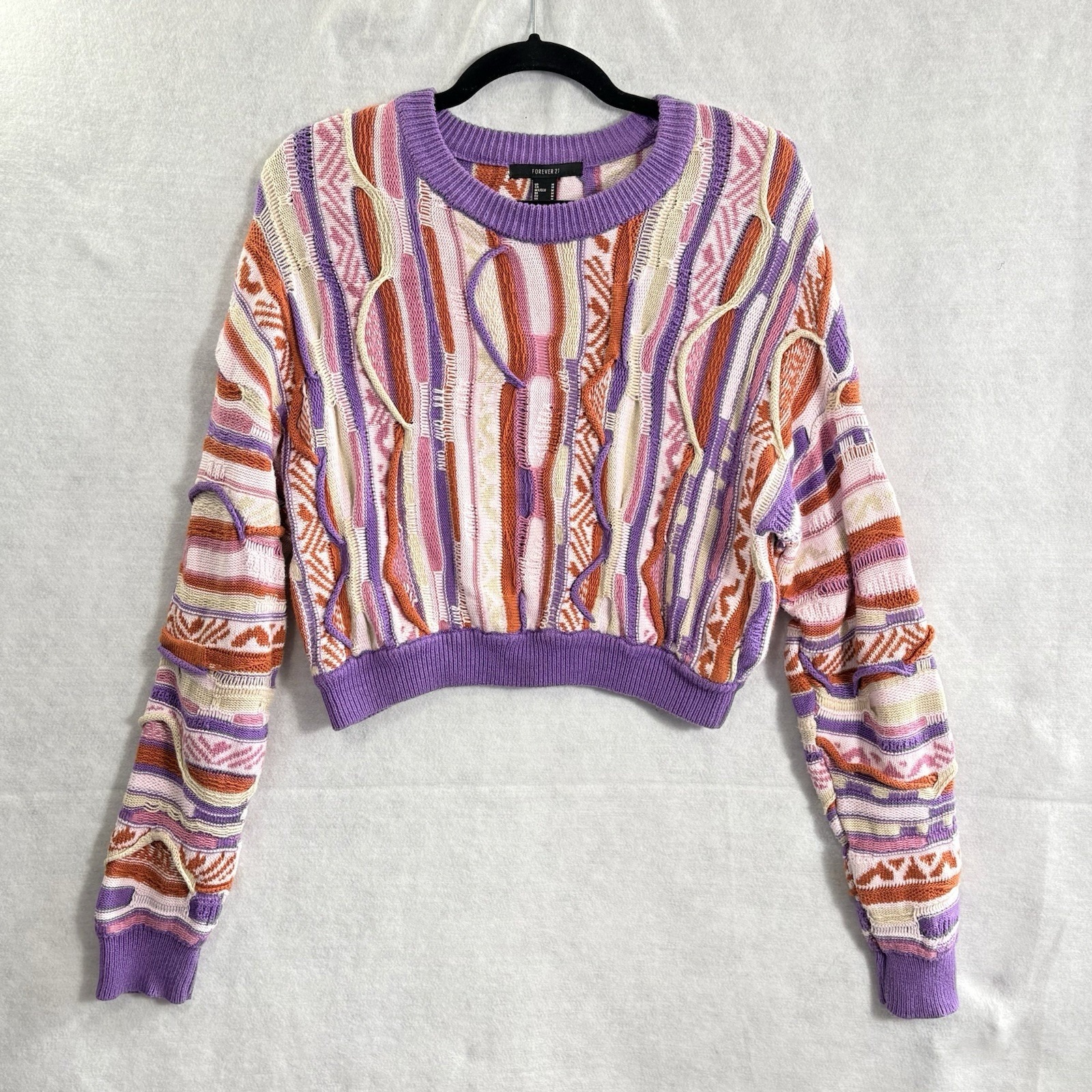 Forever 21 Women Pullover Crop Long Sleeve Coogi Knit Sweater M Multicolor 3-9